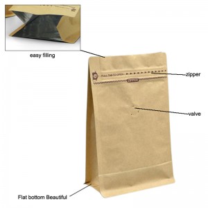 custom square flat block bottom base kraft paper side gusset plastic bag with zipper box shape pouch flat bottom packaging bag